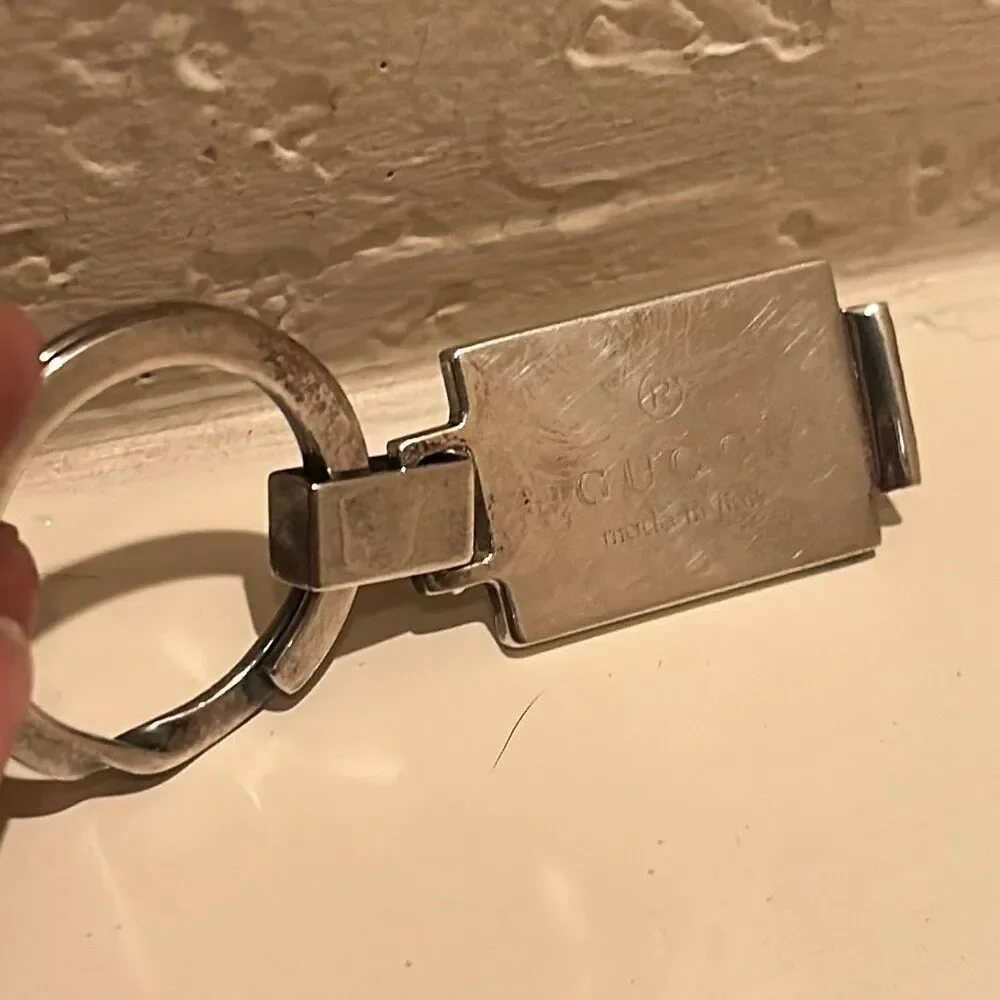 Gucci Silver Tone Logo Tag Keyring Keychain Luxe Minimalist Everyday Key Holder